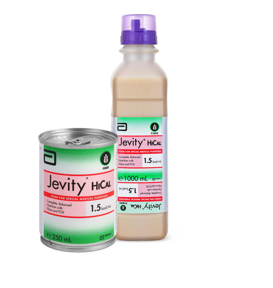 Jevity HiCal Ready-to-Hang - High-energy tube feed enriched with fibre and FOS for patients with disease-related malnutrition.