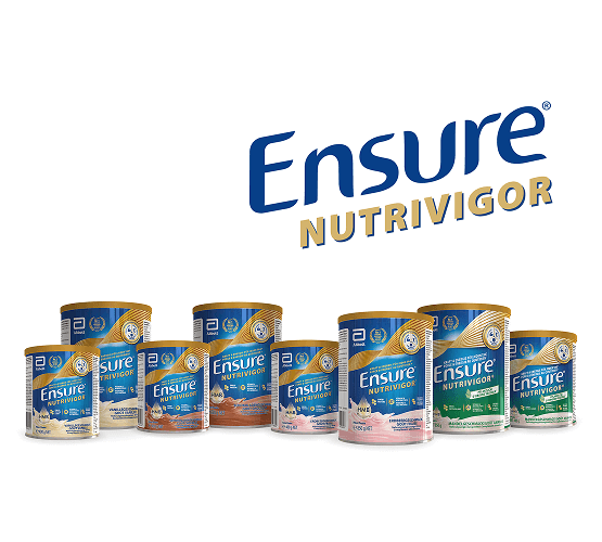 Une gamme de produits Ensure Nutrivgor présentant les différentes tailles et saveurs disponibles