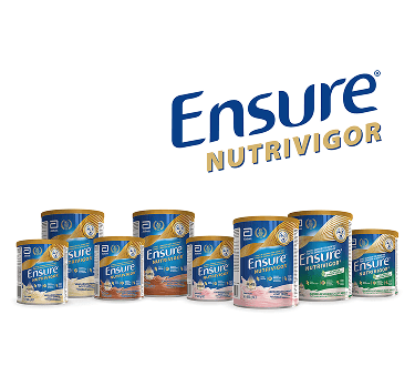 Une gamme de produits Ensure Nutrivgor présentant les différentes tailles et saveurs disponibles