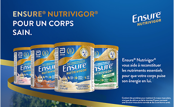 Une gamme de produits Ensure Nutrivgor, comprenant des canettes de chocolat, de fraise, de vanille et d'amande (à base de plantes) et des boissons prêtes à boire à la vanille et au chocolat. Une nutrition réparatrice pour un corps sain.