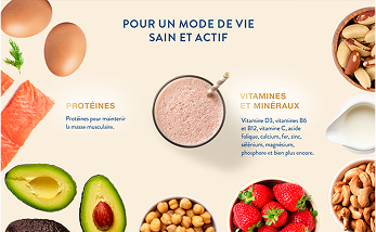 Une surface affichant un certain nombre d'aliments sains, accompagnés d'un texte mettant en évidence les protéines et les multiples vitamines et minéraux contenus dans la boisson