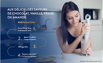 Une dame tient un mixeur plongeant dans un verre tandis qu'un texte explique que vous devez combiner 6 mesures avec de l'eau et mélanger pour créer la boisson