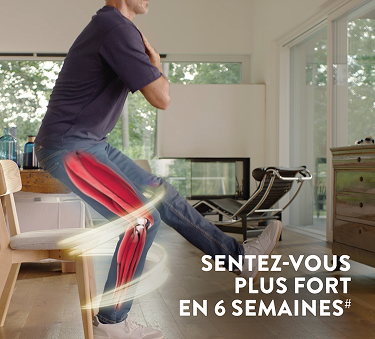 Une image montrant un homme debout et ses muscles d'une jambe mis en évidence avec la copie Sentez-vous plus fort en 6 semaines