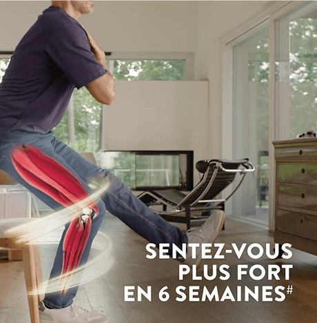 Une image montrant un homme debout et ses muscles d'une jambe mis en évidence avec la copie Sentez-vous plus fort en 6 semaines