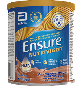 Vue de face du chocolat Ensure 400 g mettant en valeur la force, la vitalité et l'activité ainsi que les ingrédients clés Protéines, HMB et vitamines