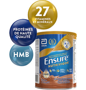 Image de l'emballage Ensure Chocolate 850g avec 3 bulles au-dessus mettant en évidence les ingrédients clés : protéines de haute qualité, HMB et 27 vitamines et minéraux