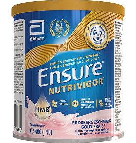 Vue de face d'Ensure 400g fraise avec force, vitalité et activité mises en évidence ainsi que les ingrédients clés Protéines, HMB et vitamines