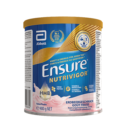 Vue de face d'Ensure 400g fraise avec force, vitalité et activité mises en évidence ainsi que les ingrédients clés Protéines, HMB et vitamines