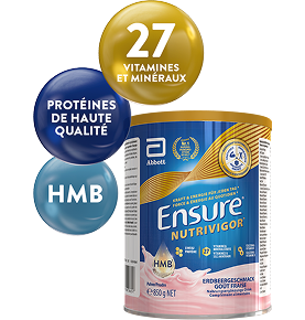 Image de l'emballage Ensure Strawberry 850g avec 3 bulles au-dessus mettant en évidence les ingrédients clés : protéines de haute qualité, HMB et 27 vitamines et minéraux