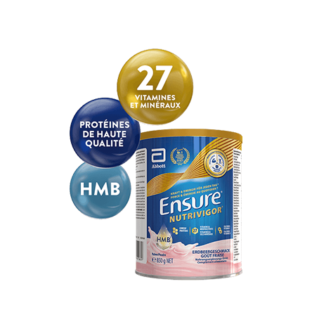 Image de l'emballage Ensure Strawberry 850g avec 3 bulles au-dessus mettant en évidence les ingrédients clés : protéines de haute qualité, HMB et 27 vitamines et minéraux