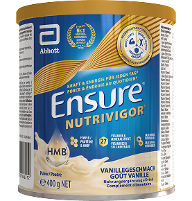 Vue de face d'Ensure 400 g vanille avec force, vitalité et activité mises en évidence ainsi que les ingrédients clés Protéines, HMB et vitamines