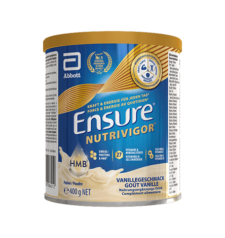 Vue de face d'Ensure 400 g vanille avec force, vitalité et activité mises en évidence ainsi que les ingrédients clés Protéines, HMB et vitamines