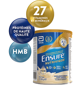 Image de l'emballage Ensure Vanille 850 g avec 3 bulles au-dessus mettant en évidence les ingrédients clés : protéines de haute qualité, HMB et 27 vitamines et minéraux