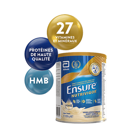 Image de l'emballage Ensure Vanille 850 g avec 3 bulles au-dessus mettant en évidence les ingrédients clés : protéines de haute qualité, HMB et 27 vitamines et minéraux