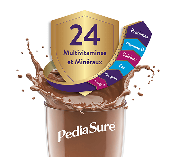 Image représentant un verre rempli de chocolat Pediasure, éclaboussé vers le haut, avec une flèche sortant du verre listant plusieurs vitamines et ingrédients minéraux, sous un bouclier soulignant le total de 24 inclus.