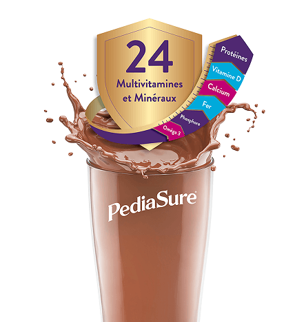 Un verre de Pediasure Chocolate Shake mettant en évidence toutes les vitamines et tous les minéraux dans un seul verre et ce que cela équivaut à des aliments que vous devriez incorporer à votre alimentation pour combler le même manque nutritionnel.