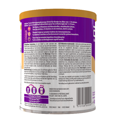Pack photo de la boisson nutritionnelle au chocolat pour enfants Pediasure 850 g, soulignant qu'elle est destinée aux enfants âgés de 1 à 10 ans et qu'elle est dotée du système Triple Sure qui met en évidence les éléments nutritionnels essentiels, la croissance, le développement et le soutien immunitaire, avec un flash indiquant qu'il s'agit d'un goût approuvé par les enfants