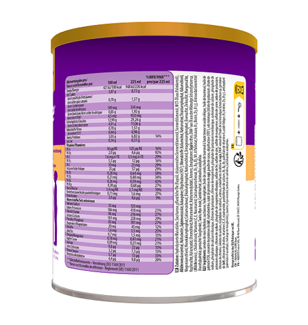 Image du dos du contenant de 850 g de chocolat listant les informations nutritionnelles et les ingrédients d'une canette PediaSure, détaillant l'énergie, les lipides, les glucides, les fibres, les protéines, les vitamines, les minéraux et autres nutriments pour 100 ml et pour 225 ml