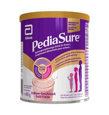 Produit dans un emballage pour 400 g de boisson nutritionnelle Pediasure pour enfants à la fraise, soulignant qu'il est destiné aux enfants de 1 à 10 ans et présentant le système triplesure qui met en évidence les éléments nutritionnels essentiels, la croissance, le développement et le soutien immunitaire, avec un flash indiquant qu'il s'agit d'un goût approuvé par les enfants