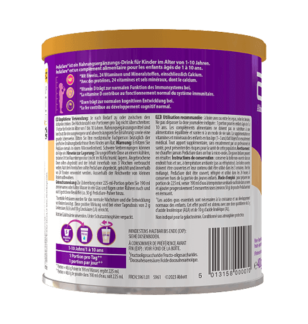 Image du dos du contenant de 400 g de produit à base de fraise listant les informations nutritionnelles et les ingrédients d'une canette PediaSure, détaillant l'énergie, les lipides, les glucides, les fibres, les protéines, les vitamines, les minéraux et autres nutriments pour 100 ml et pour 225 ml
