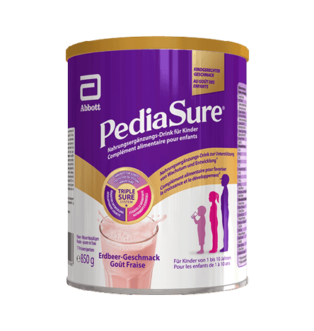 Produit dans un emballage pour boisson nutritionnelle Pediasure de 850 g pour enfants à la fraise, soulignant qu'il est destiné aux enfants de 1 à 10 ans et présentant le système triplesure qui met en évidence les éléments nutritionnels essentiels, la croissance, le développement et le soutien immunitaire, avec un flash indiquant qu'il s'agit d'un goût approuvé par les enfants