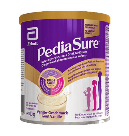 Image du dos du contenant de 400 g de produit à la vanille listant les informations nutritionnelles et les ingrédients d'une canette PediaSure, détaillant l'énergie, les lipides, les glucides, les fibres, les protéines, les vitamines, les minéraux et autres nutriments pour 100 ml et pour 225 ml