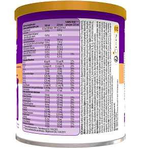 Image du dos du contenant de 850 g de produit à la vanille listant les informations nutritionnelles et les ingrédients d'une canette PediaSure, détaillant l'énergie, les lipides, les glucides, les fibres, les protéines, les vitamines, les minéraux et autres nutriments pour 100 ml et pour 225 ml
