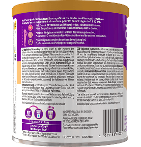 Image du dos du contenant de 850 g de produit à la vanille avec code-barres et instructions pour préparer 1 portion par jour pour les enfants de 1 à 3 ans et 2 portions par jour pour les enfants de 4 à 10 ans