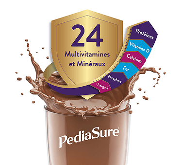 Image représentant un verre rempli de chocolat Pediasure, éclaboussé vers le haut, avec une flèche sortant du verre listant plusieurs vitamines et ingrédients minéraux, sous un bouclier soulignant le total de 24 inclus.