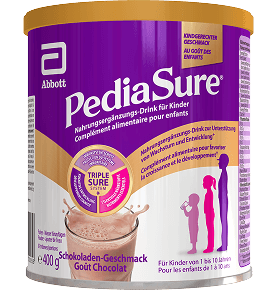 Produit dans un emballage pour 400 g de boisson nutritionnelle Pediasure pour enfants en chocolat, soulignant qu'il est destiné aux enfants de 1 à 10 ans et montrant le système triplesure qui met en évidence les éléments nutritionnels essentiels, la croissance, le développement et le soutien immunitaire, avec un flash indiquant qu'il s'agit d'un goût approuvé par les enfants