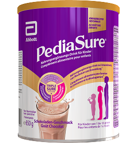 Produit dans un emballage pour boisson nutritionnelle Pediasure de 850 g pour enfants en chocolat, soulignant qu'il est destiné aux enfants de 1 à 10 ans et présentant le système triplesure qui met en évidence les éléments nutritionnels essentiels, la croissance, le développement et le soutien immunitaire, avec un flash indiquant qu'il s'agit d'un goût approuvé par les enfants