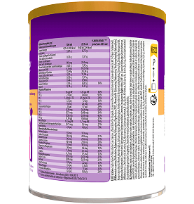 Image du dos du contenant de 850 g de chocolat listant les informations nutritionnelles et les ingrédients d'une canette PediaSure, détaillant l'énergie, les lipides, les glucides, les fibres, les protéines, les vitamines, les minéraux et autres nutriments pour 100 ml et pour 225 ml