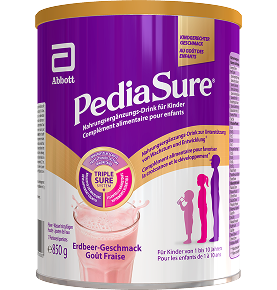 Produit dans un emballage pour boisson nutritionnelle Pediasure de 850 g pour enfants à la fraise, soulignant qu'il est destiné aux enfants de 1 à 10 ans et présentant le système triplesure qui met en évidence les éléments nutritionnels essentiels, la croissance, le développement et le soutien immunitaire, avec un flash indiquant qu'il s'agit d'un goût approuvé par les enfants