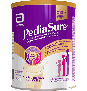 Produit dans un emballage pour boisson nutritionnelle Pediasure de 850 g pour enfants à la vanille, soulignant qu'il est destiné aux enfants de 1 à 10 ans et présentant le système triplesure qui met en évidence les éléments nutritionnels essentiels, la croissance, le développement et le soutien immunitaire, avec un flash indiquant qu'il s'agit d'un goût approuvé par les enfants