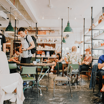 Busy Cafe scene with green colour scheme