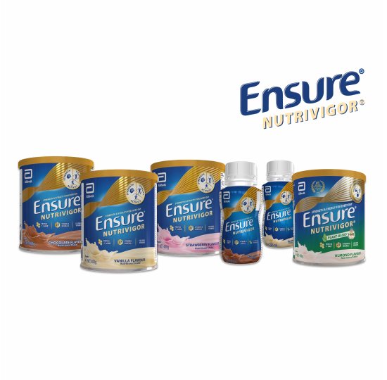 A range of ensure nutrivigor products showing the various sizes and flavours available 
