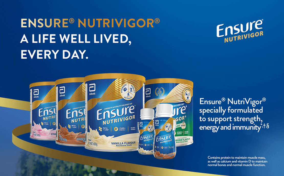 A collection of ensure nutrivgor products including cans of Chocolate, strawberry, vanilla and almond(Plant based) and ready to drink in vanilla and chocolate. Replenishing nutrition for a healthy body