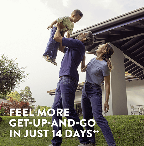 A man holding a child in the air with his wife with the text feel more get up and go in 14 days