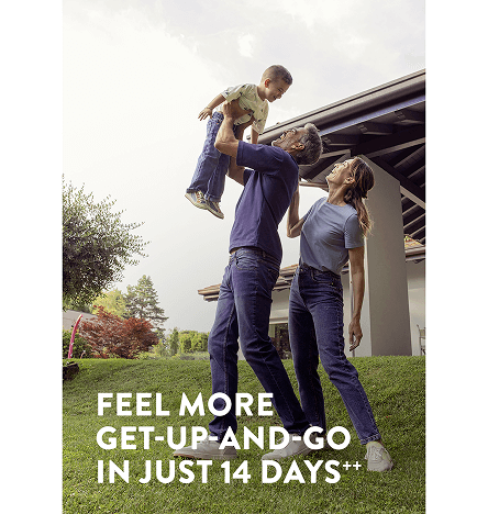 A male and female parent play with their child, with the male lifting their child in the air, with the words more get up and go energy in 14 days