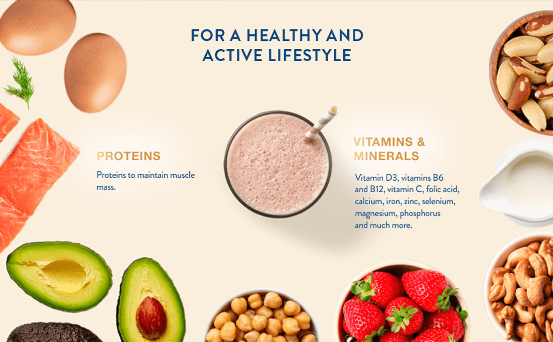 A laid out surface of a number of healthy foods  supported with text to highlight the protein and multiple vitamins and minerals in the drink