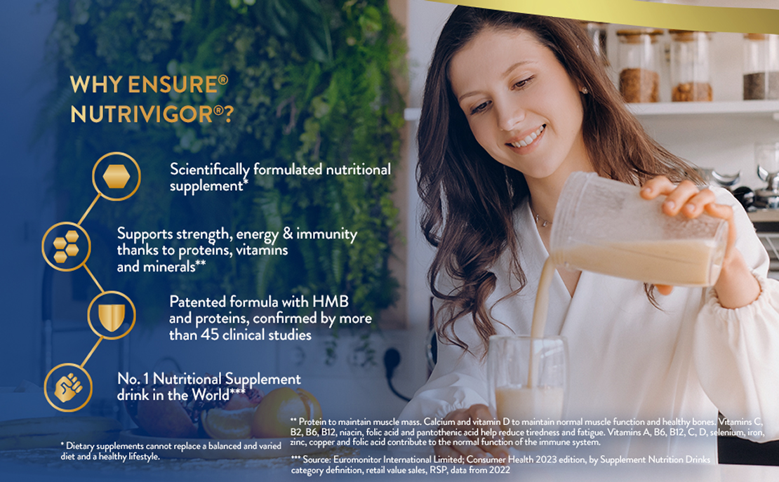 A lady pours out her shake with copy explaining key benefits including strength, energy & immunity and  hat its scientifically formulated