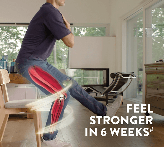 An image showing a man mid standing and his muscles of one leg highlighted with the copy Feel stronger in 6 weeks 