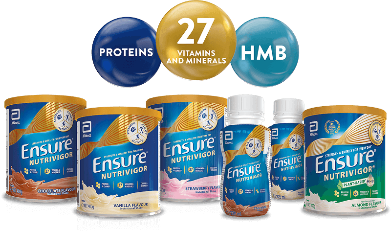 collection of ensure flavours in shakes and bottles with 3 bubbles above highlighting  key pull ingredients of High quality protein, HMB and 27 vitamins and minerals