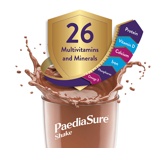 Image representing a glass filled with pediasure chocolate, splashing up, with an arrow coming out of the glass listing multiple vitamins and mineral ingredients, under a shield highlighting the total 26 included.