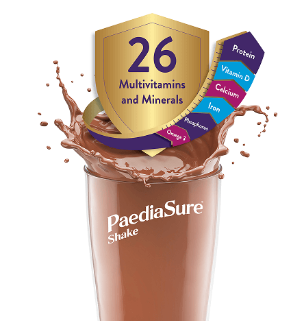 A glass of chocolate pediasure shake drink highlighting all the vitamins and minerals that are contained in just one glass and what that equates to in food you would have to take into your diet to acheive the same  nutiritonal gap fill