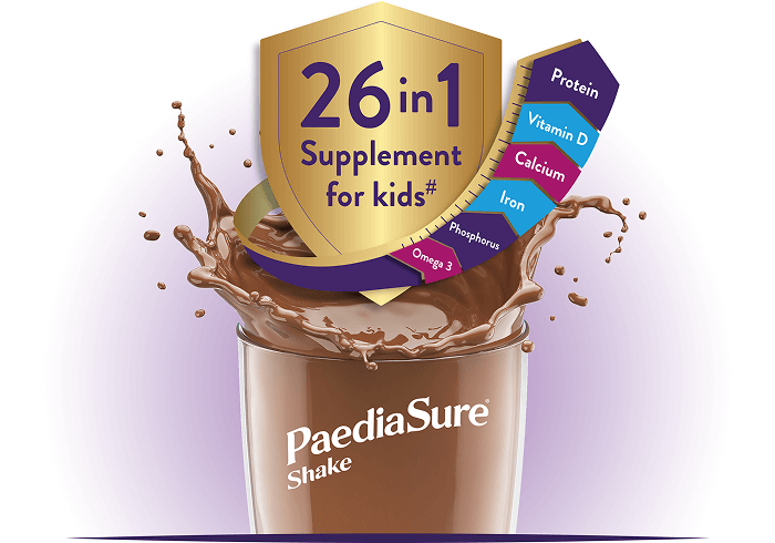 Image representing a glass filled with pediasure chocolate, splashing up with an arrow coming out of the glass listing several vitamins and minerals, under a shield highlighting it is a 6 in 1 supplement for children