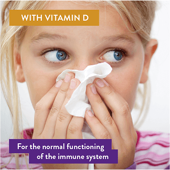 A girl holding tissue over her nose to blow or wipe her nose, with text references to Vitamin D to support immunity