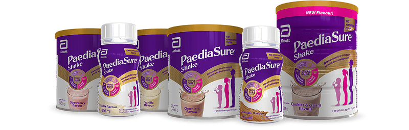 A group shot of 3 flavours of Pediasure Chocolate, strawberry and vanilla in 400g cans showing the range of available flavours to choose from