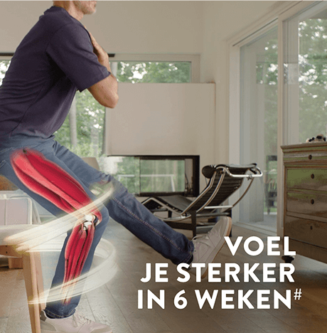 Een afbeelding van een man die midden staand is en zijn spieren worden benadrukt met de tekst Voel je sterker in 6 weken