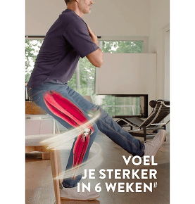 Er wordt een been getoond dat de kernmusculatuur benadrukt om kracht en spiergezondheid te tonen met de tekst Voel je sterker in 6 weken